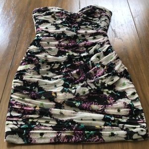 BCBGMaxAzria Strapless Floral Ruched Dress in Black, White, Purple